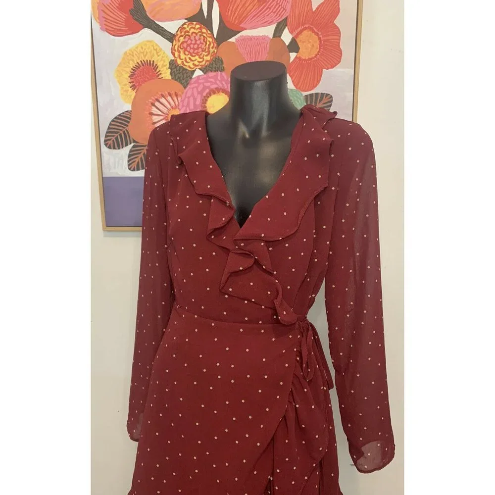LA VIE BOHEME Burgundy Polka Dot Long Sleeve Frill Wrap Dress Sz 6 - Picture 2 of 9